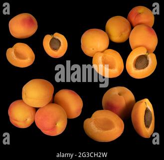 Collage of ripe Apricot fruits, whole and cut into pieces, on an enchanting background in isolation Stock Photo