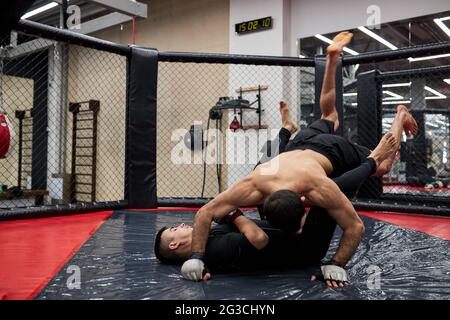 Sports concept of fighting without rules. Two confident wrestlers at gym, training together. fights without boxing rules MMA. sporting battles side vi Stock Photo