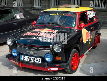 Customised Trabant vintage German car turned into a racing car on display at the annual retro cars parade in Bulgaria as of May 2021 Stock Photo