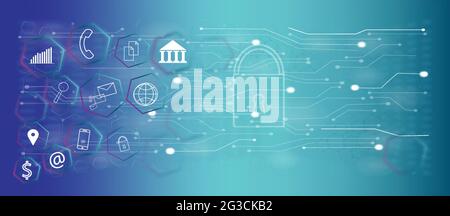 Cyber security and information or data networking protection concept, on Blue futuristic interface background with icons set. Stock Vector