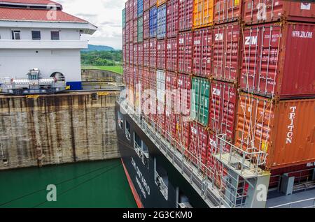Panama canal panamax container cargo ship transit