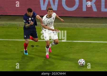 MUNICH, GERMANY - JUNE 15: Benjamin Pavard of France, Thomas Muller of Germany during the UEFA Euro 2020 match between France and Germany at Allianz Arena on June 15, 2021 in Munich, Germany (Photo by Andre Weening/Orange Pictures) Stock Photo