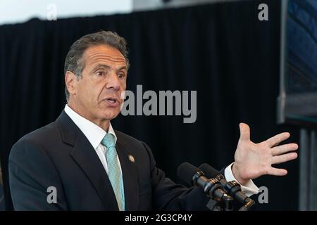 New York, NY - June 15, 2021: Governor Cuomo announced COVID-19 restrictions lifted as 70% of adult New Yorkers have received first dose of vaccine at One World Trade Center Stock Photo