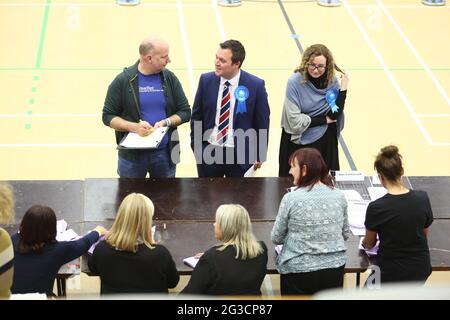 Conservative candidate for City of Durham William Harvey Morgan at the vote count in Spennymoor, County Durham. Stock Photo