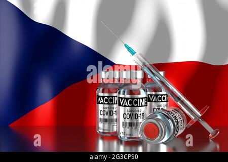 Covid-19, SARS-CoV-2, coronavirus vaccination programme in Czech Republic, four vials and syringe - 3D illustration Stock Photo