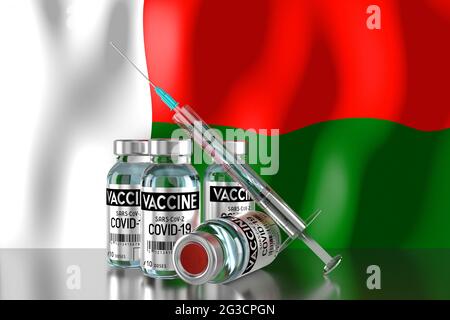 Covid-19, SARS-CoV-2, coronavirus vaccination programme in Madagascar, four vials and syringe - 3D illustration Stock Photo