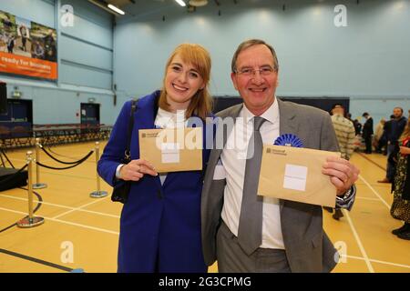 Conservative candidate for Bishop Auckland Dehenna Davison and Sedgefield candidate Paul Howell show off their New MP letters at the vote count in Spe Stock Photo