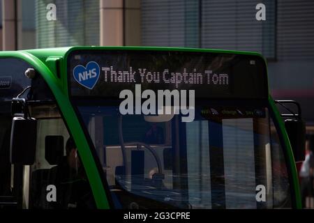 A bus saying the words “thank you Captain Tom” outside The NHS Nightingale Hospital in Harrogate, north Yorkshire which was opened today (April 21st 2 Stock Photo