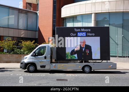 A digital billboard thanking Captian Tom Moore outside The NHS nightingale hospital in Harrogate, north Yorkshire which was opened today (April 21st 2 Stock Photo