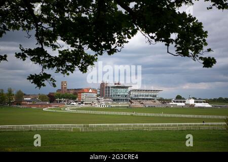 The empty and closed stands of York Racecourse. Its annual Dante festival in has already been cancelled and the larger Ebor Festival meeting which is Stock Photo