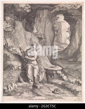 Maria Magdalena in a cave. The penitent Maria Magdalena as a hermit in a cave. She reads the Bible. Around her a crucifix, a rod and an ointment. The print has a Latin caption with explanation. Stock Photo