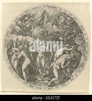 The blessed people are separated from the cursed; The final judgment. Round representation of the Archangel Michael who sends the souls from the righteous to heaven and the souls of those who have bad lived to hell. At the very top of the show Christ troning in heaven in the midst of a crash saints (including Maria) and angels. To the show Bible texts in Latin. This print is part of a series of four round prints with last judgment scenes. Stock Photo