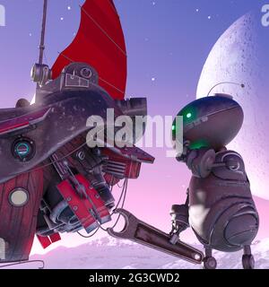 worker bot is thinking how to fix the floating boat on another planet close up, 3d illustration Stock Photo