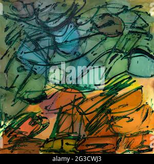 Abstract painting with strong black lines and brushstrokes textures. Artistic unique painting. Stock Photo