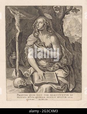 The penitent Maria Magdalena. The penitent Maria Magdalena reads in a book. She looks at a crucifix. Her ointment pot is in the cave. There is a skull under the Crucifix. In the margin a two-legged Bible quote from Luc. 7 in Latin. Stock Photo