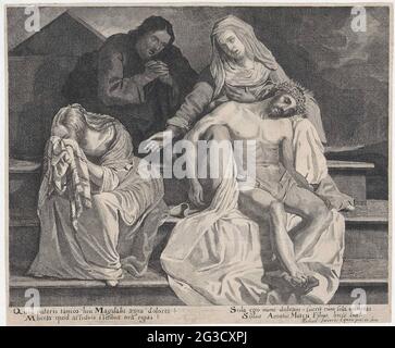 Paid of Christ; Maria at the corpse of Christ. The dead body of Christ rests in the shot of Mary, on the stairs of the grave. In addition to her the weeping Mary Magdalene and behind her John in praying attitude. Under the image four fresh rules in Latin. Stock Photo