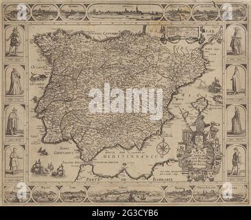 Map Of Spain And Portugal Nova Carte Dei Muy Podroso Reyno D Espania Map Of Spain And Portugal Surrounded By A Border Of Faces On Various Spanish Cities And Images Of Spanish Costumes