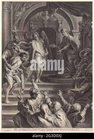 Christ shown to the people; Ecce gay. Pontius Pilate shows Christ, dressed in a cloak and with thorns crown on his head, to the people. People under the bordes have raised their arms and call for its crucifixion. Stock Photo