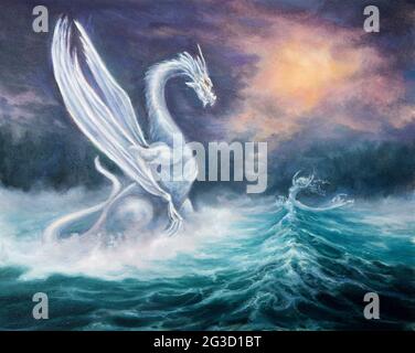 Original abstract oil painting showing mighty dragon and spiritual  woman  from waves in  ocean or sea on canvas.Mermaid or water-nymph. Modern Impres Stock Photo