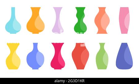 Vases of various bright beautiful colors with light on the right side. Vector flat. Design element for a postcard, for a bouquet of flowers, dry herbs. Decorative object for printing and textiles. Stock Vector
