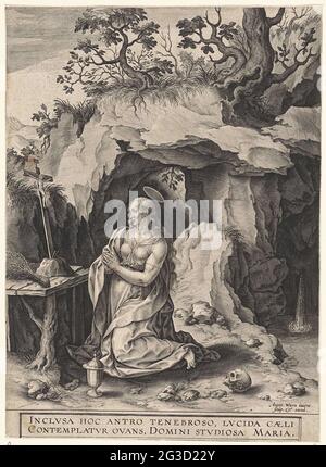 The penitent Maria Magdalena. The bumpy Maria Magdalena prays for a crucifix in a cave. A waterfall flows into the cave. On her knees the ointment pot. A skull is on the floor behind her. In the margin a two-legged caption in Latin. Stock Photo