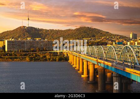 seoul tower and dongjak bridge over han river in seoul, south korea Stock Photo