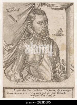 Portrait of Maximilian the Hennin, Count of Bossu. Portrait of Maximilian the Hennin, Count of Bossu, in Harness. In the background a ship at sea. At the top left are coat of arms. In the margin a three-legged caption in Latin. Stock Photo