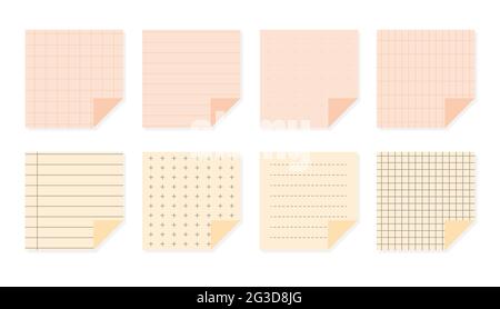 Flat pastel paper notes set. Squared templates sheet with different linear, cross, dotted and grid patterns. School elements, notebook paper. Copybook cover. Isolated on white vector illustration Stock Vector