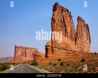 ARCHES NATIONAL PARK, UTAH - CIRCA AUGUST 2020: The Courthouse Towers and Tower of Babel in Arches National Park. A collection of tall stone columns i Stock Photo