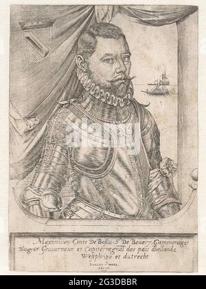 Portrait of Maximilian the Hennin, Count of Bossu. Portrait of Maximilian the Hennin, Count of Bossu, in Harness. In the background a ship at sea. At the top left are coat of arms. In the margin a three-legged caption in Latin. Stock Photo