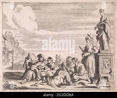 Elegant company in garden; Genre scenes. An elegant company sits together on a path in a garden. Right a statue of Venus with amor. A dog looks up to the image. Stock Photo