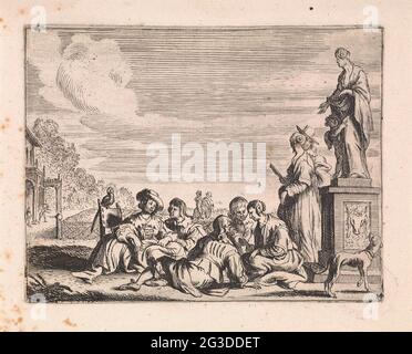 Elegant company in garden; Genre scenes. An elegant company sits together on a path in a garden. Right a statue of Venus with amor. A dog looks up to the image. Leged numbered: 14 (?). Stock Photo