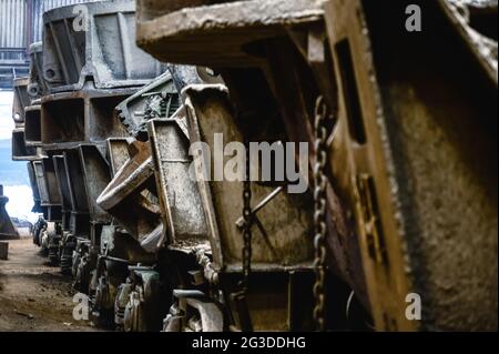 Special metallurgical ladles. The process of pouring molten metal Stock Photo