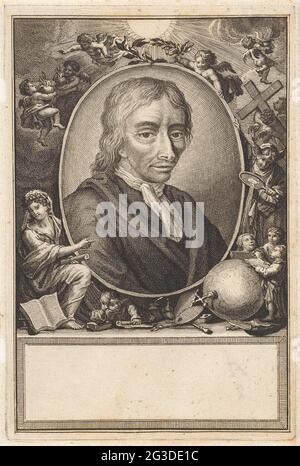 Portrait of Jan shutters; Portrait of Jan Luyken. Portrait of the print maker, painter and poet Jan Luyken. Above the oval with the portrait, a putto holds a laurel wreath. Other putti wear a cross, incense barrel or burning hearts. On the ground is a rich apple where reading children are distracted by a figure with a winged headgear, possibly Mercury. This drops through a magnifying glass sunlight on the scene among him. There are drawing and painting supplies and books on the ground. A woman with a book roll in hand points to the portrait. On the Piesticking an open cartouche. Stock Photo