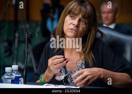 Michelle Root, Mother of Sarah Root, appears before a Senate Committee on the Judiciary hearing to examine H.R.6, to authorize the cancellation of removal and adjustment of status of certain aliens, in the Dirksen Senate Office Building in Washington, DC, Tuesday, June 15, 2021. Michelle Root, an Iowa mother whose daughter Sarah Root, was killed in a 2016 car crash, testified against the DREAM Act today. Sarah Root died when a 19-year-old undocumented man rear-ended her car, then fled after posting a $5,000.00 bond. Credit: Rod Lamkey/CNP /MediaPunch Stock Photo