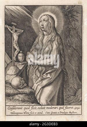 The penitent Maria Magdalena. The bumpy Maria Magdalena prays for a crucifix in a cave. For her a scent, a skull and her ointment. In the margin a caption in Latin. Stock Photo