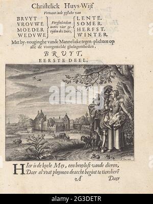 Woman with flower at a man in a spring landscape. A young woman makes a man smelling a flower she loves in her hand. In the background pleasure boats on a slot moat at a castle. Two dogs at the feet of the pair of two dogs. The young woman, as a bride as the first stage of a woman life, is compared here with the Spring season. Stock Photo