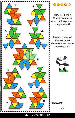 Abstract logic visual puzzle: How is it done? Which two pieces were used to produce the pattern 5? Answer included. Stock Vector