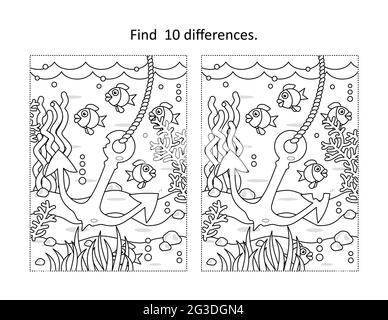 Find ten differences activity page with underwater life scene and anchor Stock Vector