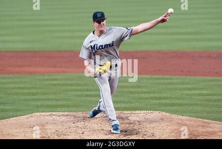 St. Louis, United States. 15th June, 2021. Miami Marlins starting pitcher Trevor Rogers delivers a pitch to the St. Louis Cardinals in the second inning at Busch Stadium in St. Louis on Tuesday, June 15, 2021. Photo by Bill Greenblatt/UPI Credit: UPI/Alamy Live News Stock Photo