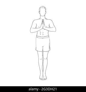 Meditating yogi man in pranamasana. Hatha yoga prayer pose. Engraved vector illustration isolated in white background Stock Vector