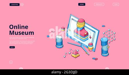 Online museum isometric landing page. Virtual exhibition digital tour to art gallery, computer desktop with modern masterpiece on screen. Home leisure internet technology 3d Vector line art web banner Stock Vector