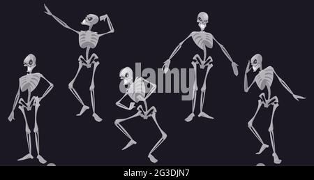 Human skeleton character in different poses isolated on black background. Vector set of cartoon smiling skeleton, dancing body from bones and skull. Halloween emoji set of dead man Stock Vector