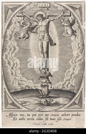Crucifixion of Christ. Christ hangs on the cross. Angels catch the blood from Christ's wounds in their chalice. In the margin a two-legged caption in Latin.