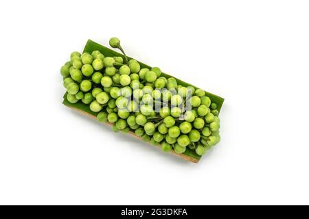 Fresh bunch organic Turkey berry on a banana leaf with a tray that made from a banana tree, the image on white background, top view. Turkey Berry is c Stock Photo