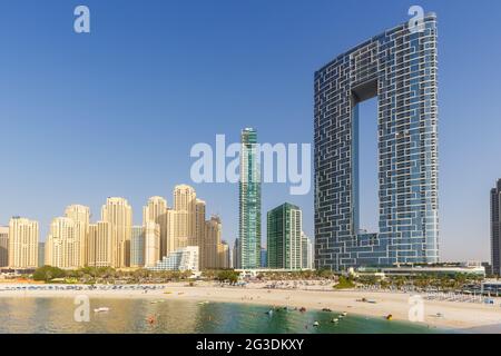 Dubai Jumeirah Beach JBR Marina skyline architecture buildings travel vacation in United Arab Emirates city Stock Photo
