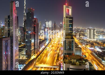 Dubai Sheikh Zayed Road Burj Khalifa Kalifa skyscraper building skyline architecture in United Arab Emirates city Stock Photo