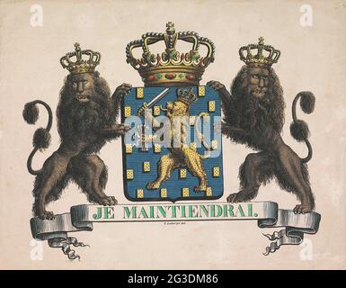 Coat of arms of the Kingdom of the Netherlands, 1815. The coat of arms of the Kingdom of the Netherlands, as defined on August 24, 1815. The weapon with king wreath and two lions with king crowns. With spell 'Your Maintiendrai'. Stock Photo