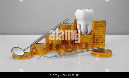 Gold coins money and a tooth with a dental mirror. Expensive dental treatment. Dental insurance. 3d render. Stock Photo