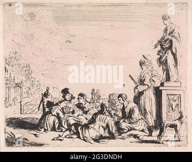 Elegant company in garden; Genre scenes. An elegant company sits together on a path in a garden. Right a statue of Venus with amor. A dog looks up to the image. Stock Photo